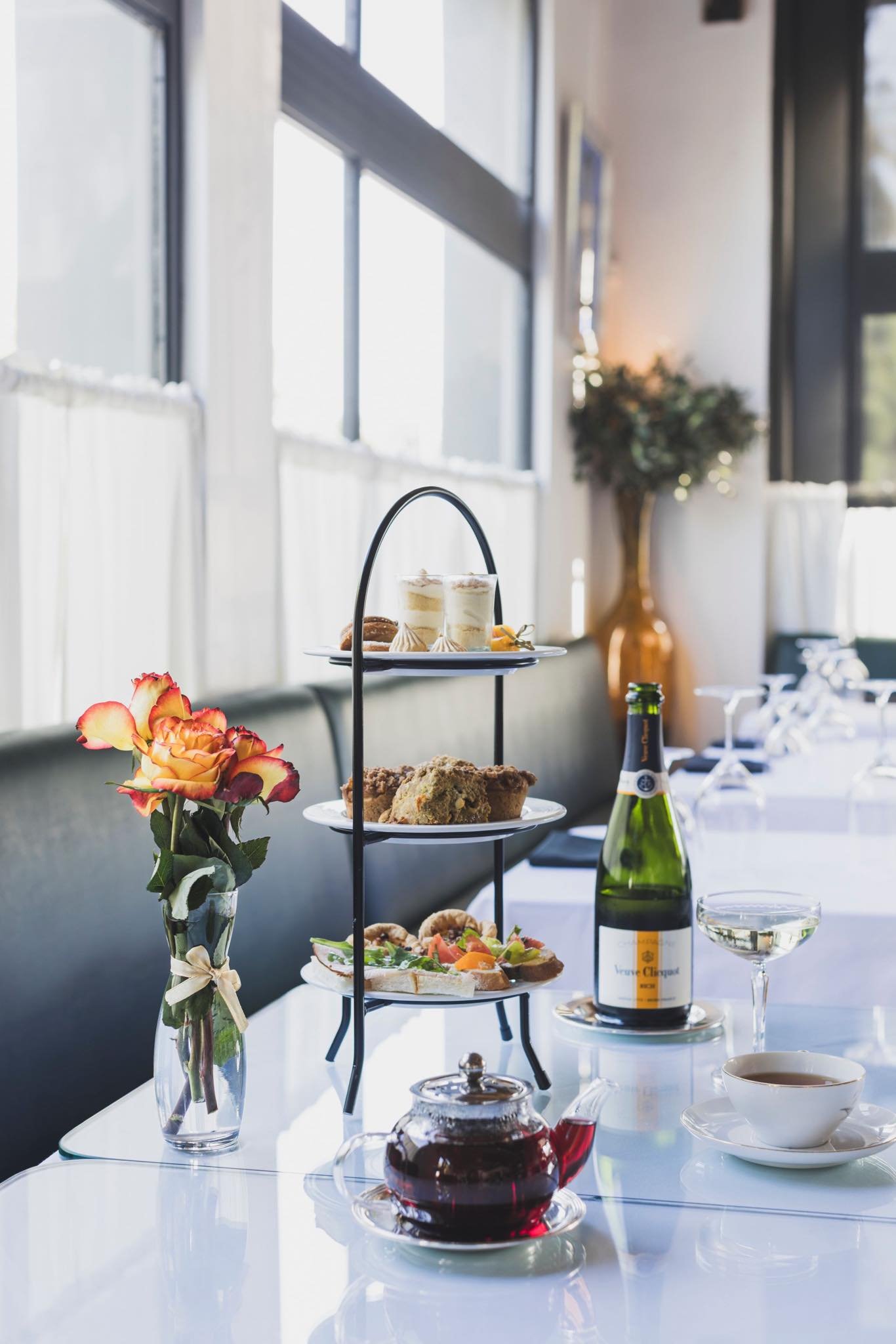 Chez Bacchus three-tier afternoon tea tower with champagne and pastries